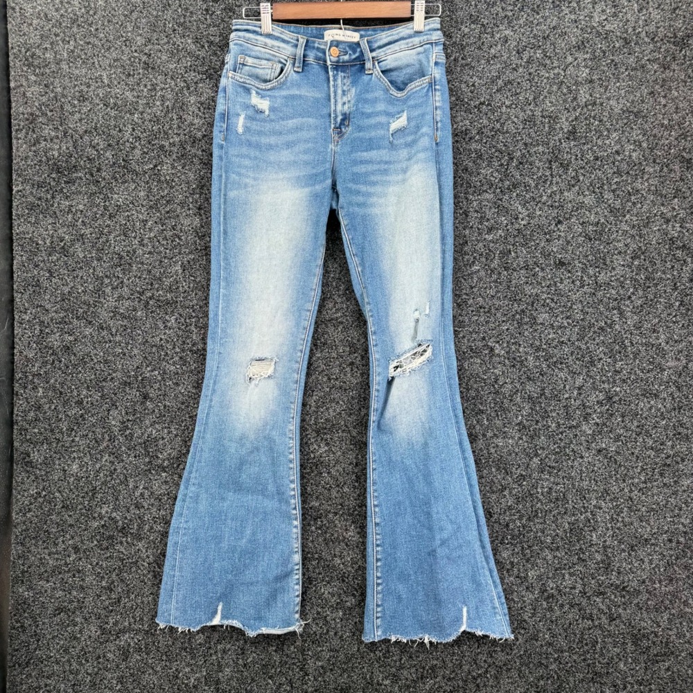 Flying Monkey Distressed Flare Jeans Blue F4155 Size 26 Frayed Hem Raw Edge